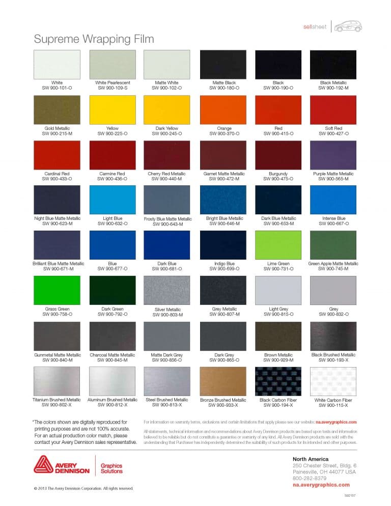 Avery Dennison Vinyl Wrap Printable Color Chart