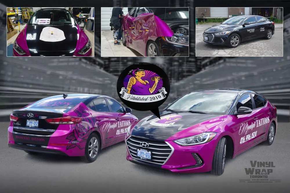 Hyundai Elantra Partial Car Wrap For Moonlight Tattoos 1 Partial Car Wrap - Hyundai Elantra – Moonlight Tattoos – Vinyl Wrap Toronto - Motorcycle Wrap - Tesla Wrap Toronto - Boat Wrap