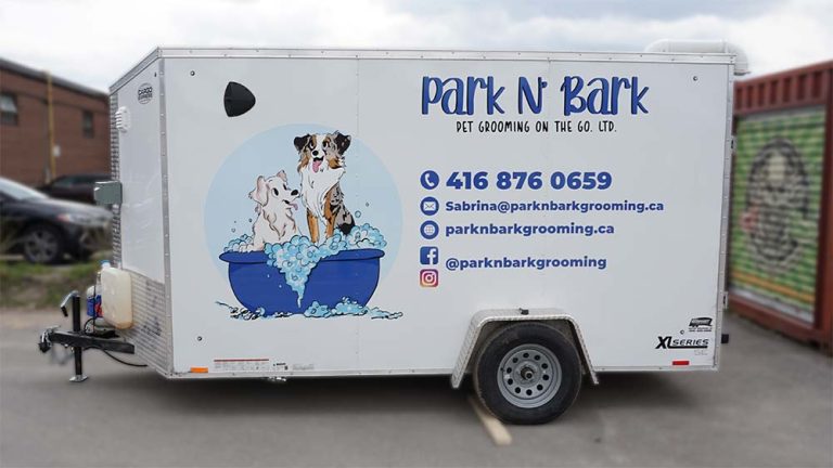 Custom Decals - Park n Bark Pet Grooming On The Go - Trailer - Driver Side