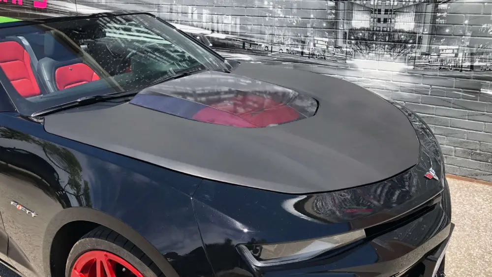 Vehicle Wrap Trends 2022 - Matte Finish Wraps - Chevrolet Camaro Partial Hood Wrap Matte Black - Vinyl Wrap Toronto