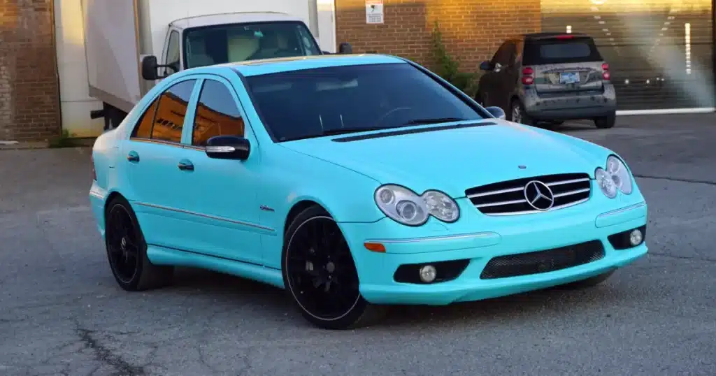 Mercedes E350 Full Car Wrap Colour Change - After - Side Angle View Mercedes E350 Full Car Wrap Colour Change - After - Side Angle View