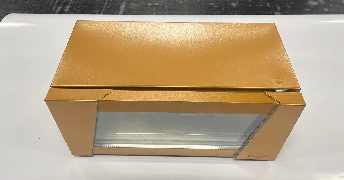 Transforming Red Bull's Mini Fridge: A Stunning Vinyl Wrap by Vinyl Wrap Toronto 2 Red Bull Mini Fridge Wrap - Bronze Brushed - Top View