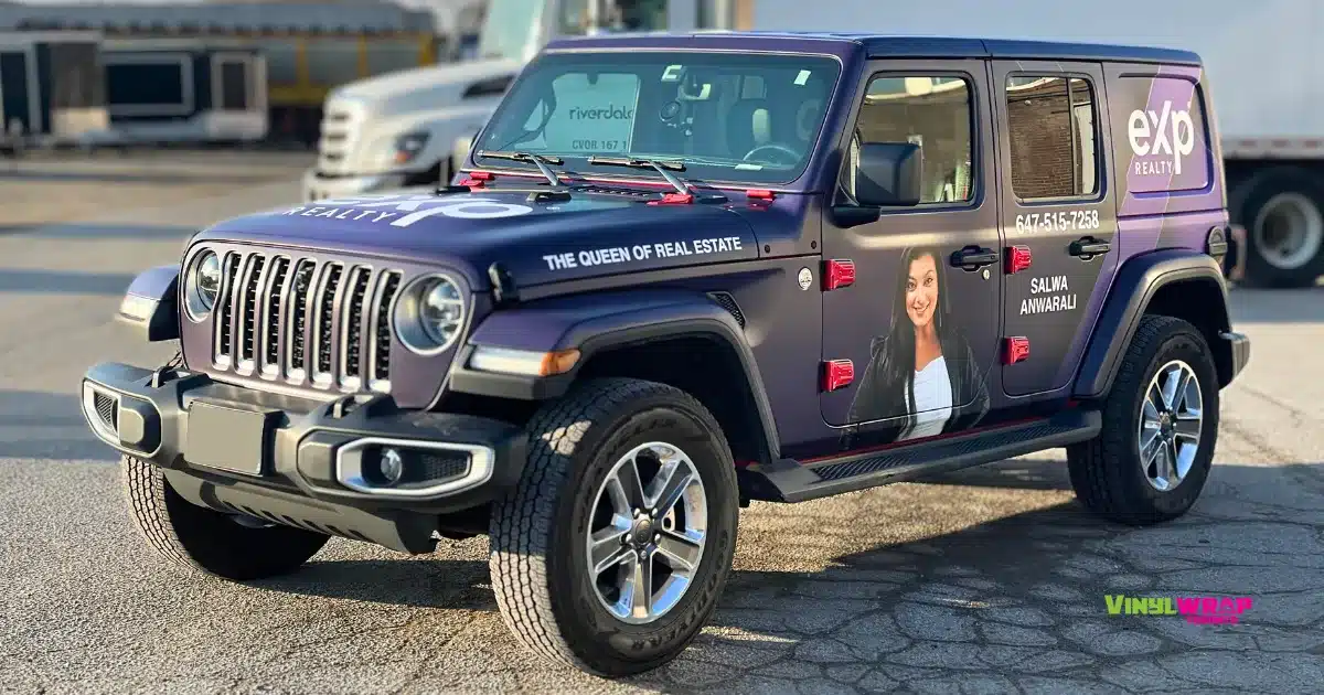 Elevating Impressions: A Full Custom Vinyl Wrap for a Toronto Realtor's Jeep Wrangler 8 Jeep Wrangler - Full Custom Vinyl Wrap by Vinyl Wrap Toronto for Salwa Anwarali - After - Side Angle 2