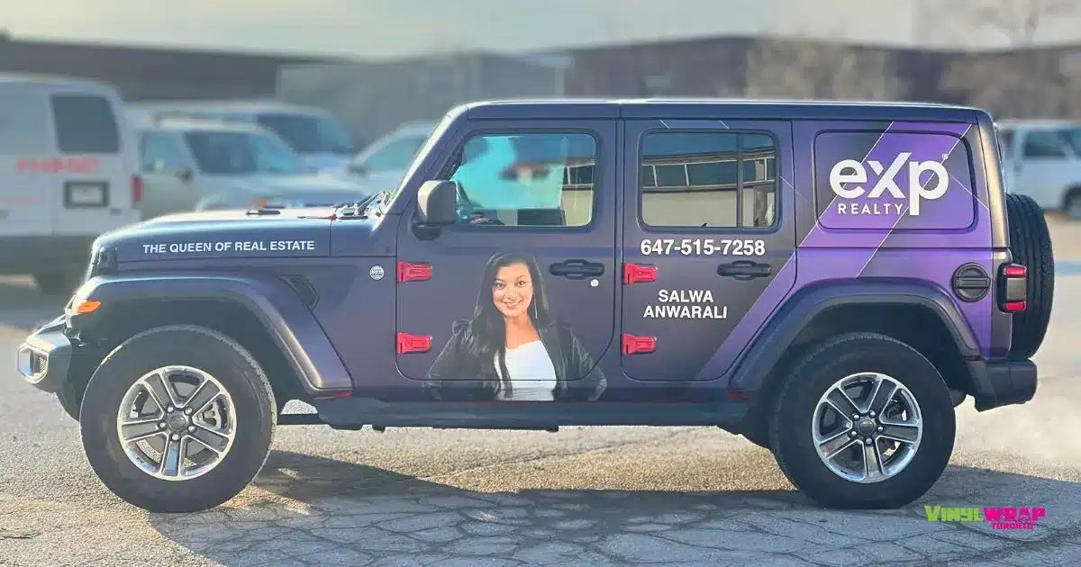 Elevating Impressions: A Full Custom Vinyl Wrap for a Toronto Realtor's Jeep Wrangler 7 Jeep Wrangler Full Custom Vinyl Wrap by Vinyl Wrap Toronto for Salwa Anwarali After Side View 2