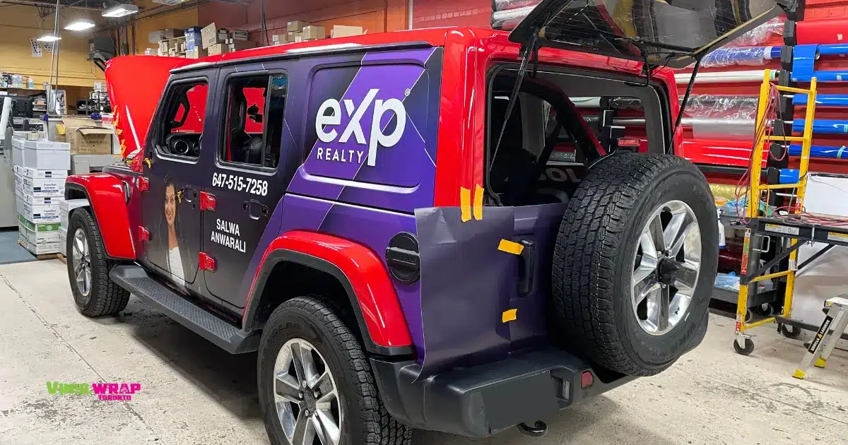 Elevating Impressions: A Full Custom Vinyl Wrap for a Toronto Realtor's Jeep Wrangler 3 Jeep Wrangler - Full Custom Vinyl Wrap by Vinyl Wrap Toronto for Salwa Anwarali - During Installation - 1
