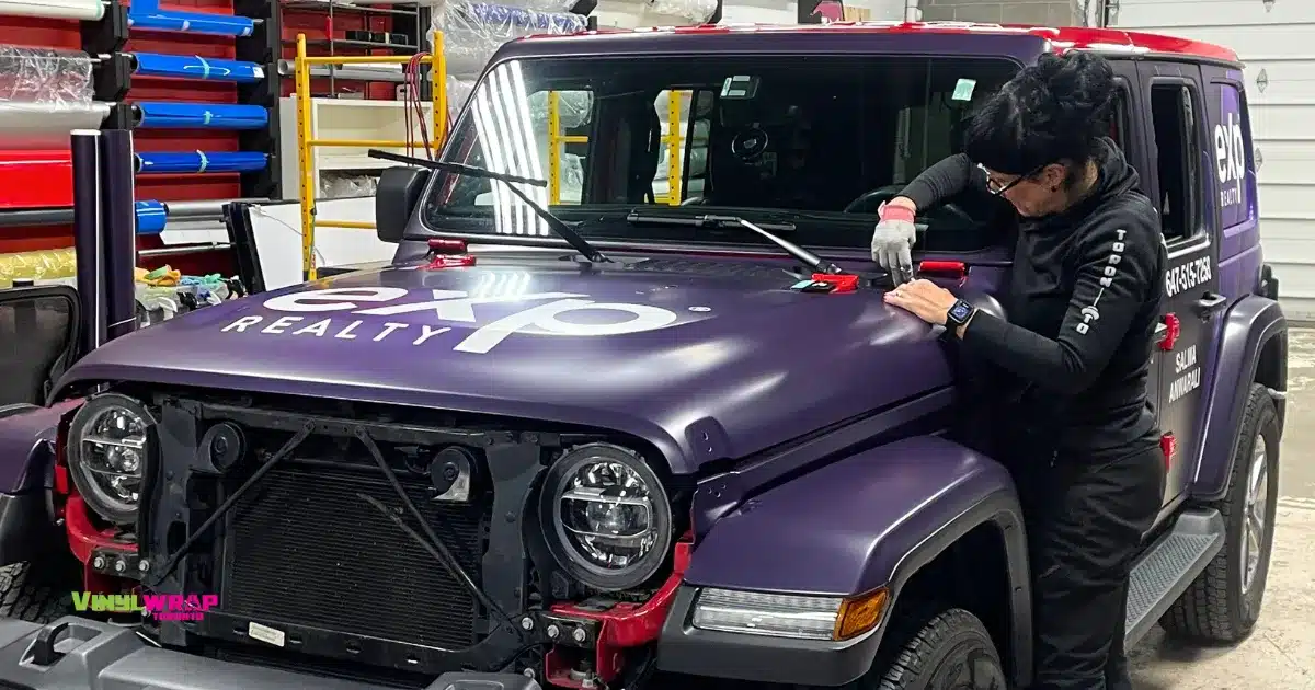 Elevating Impressions: A Full Custom Vinyl Wrap for a Toronto Realtor's Jeep Wrangler 4 Jeep Wrangler - Full Custom Vinyl Wrap by Vinyl Wrap Toronto for Salwa Anwarali - During Installation - 2