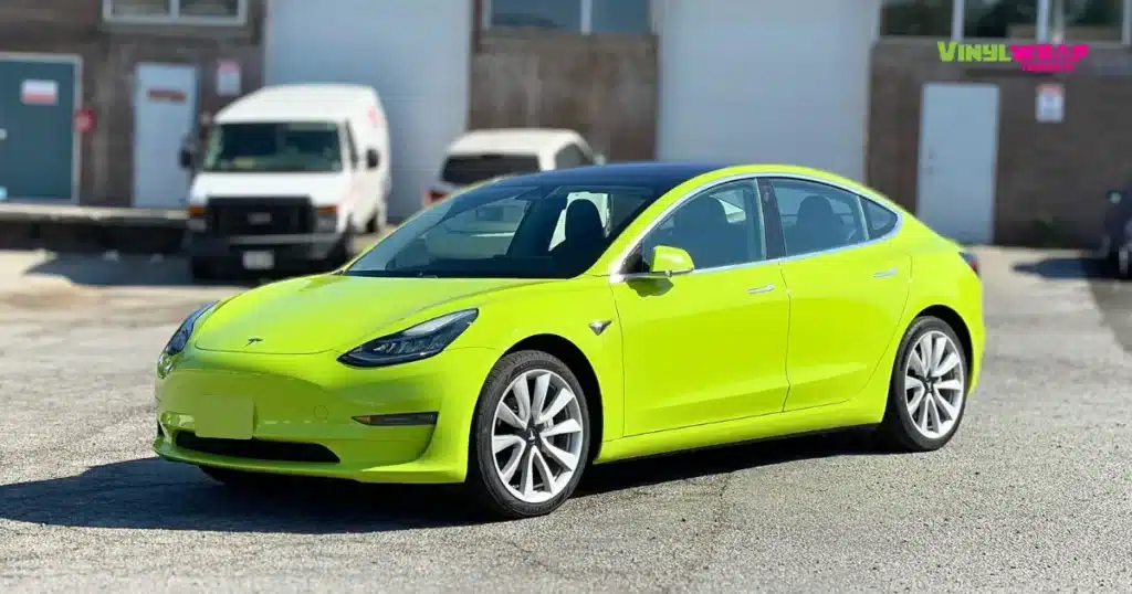 Tesla Model 3 Full Colour Change Vinyl Wrap - Gloss Lime Green - Front Angle - After