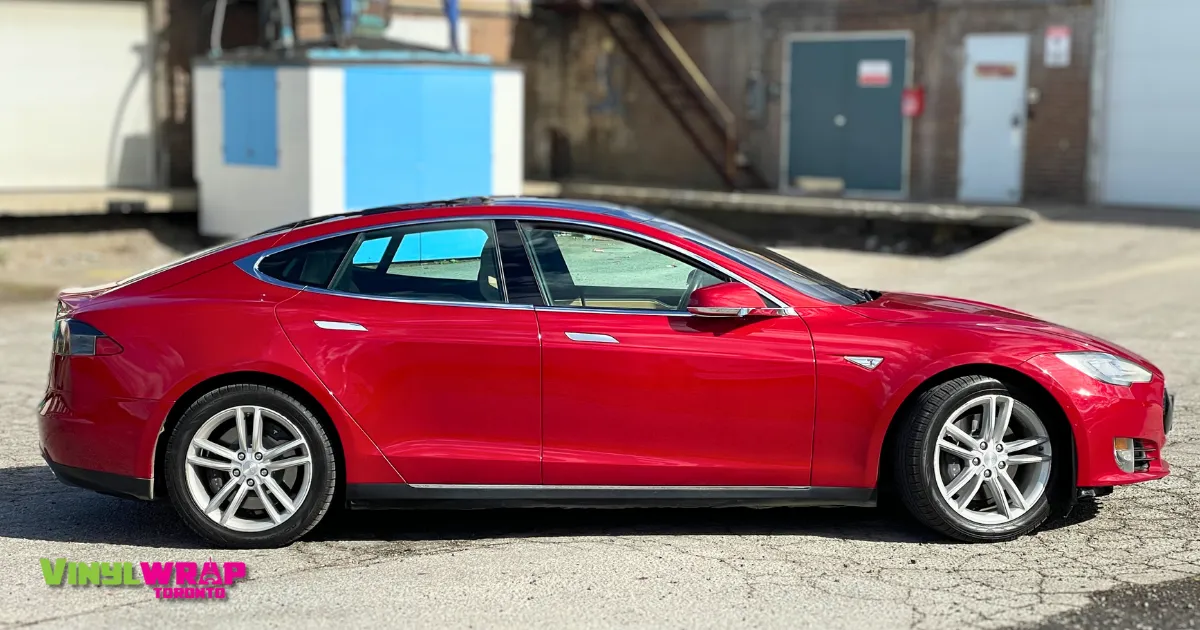 Tesla Mdel 3 2016 Full Colour Change Wrap From Red to Satin Flip Psychedelic - Vinyl Wrap Toronto - Before