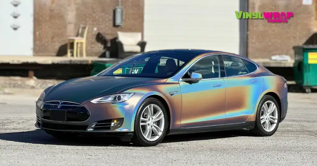 Tesla Model 3 2016 - Full Colour Change Wrap to Satin Flip Psychedelic - Side Angle