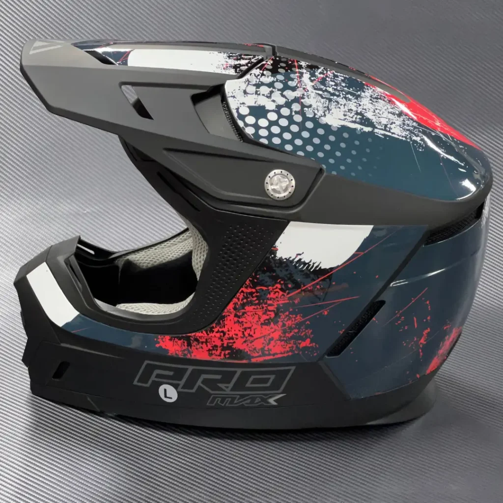 Side view of a motocross helmet displayed with partial wrap