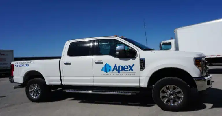 White truck with blue decal highlighting Truck Decal Design Trends.