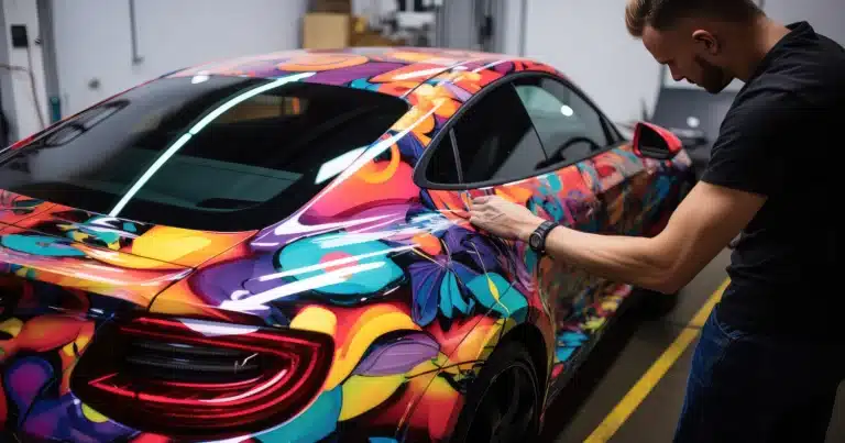 Car with a multicoloured full wrap used to illustrate the Truck Decals vs Car Wraps comparison.
