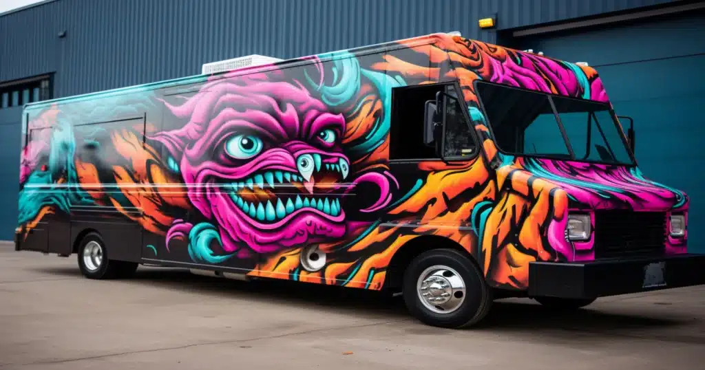 Large truck with a vibrant, bold, colorful design illustrating the Custom Photo vs Graphic Truck Decal comparison.