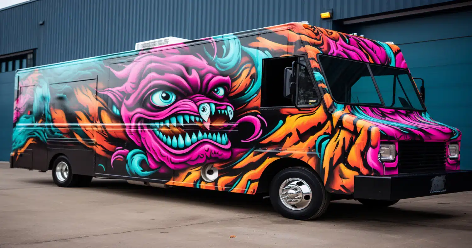 Large truck with a vibrant, bold, colorful design illustrating the Custom Photo vs Graphic Truck Decal comparison.