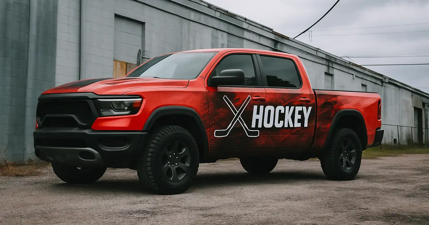 Red truck with a white hockey‑style decal reading hockey and two crossed hockey sticks, illustrating Sports Team Truck Decals.