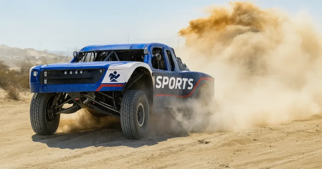 Blue sports truck on sand with a white team decal showcasing Sports Team Truck Decals.