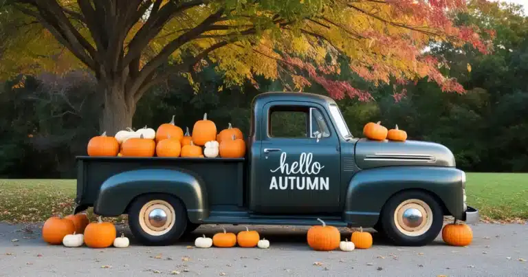 Olive‑brown truck with a white ‘hello autumn’ decal, illustrating Seasonal Truck Decals.