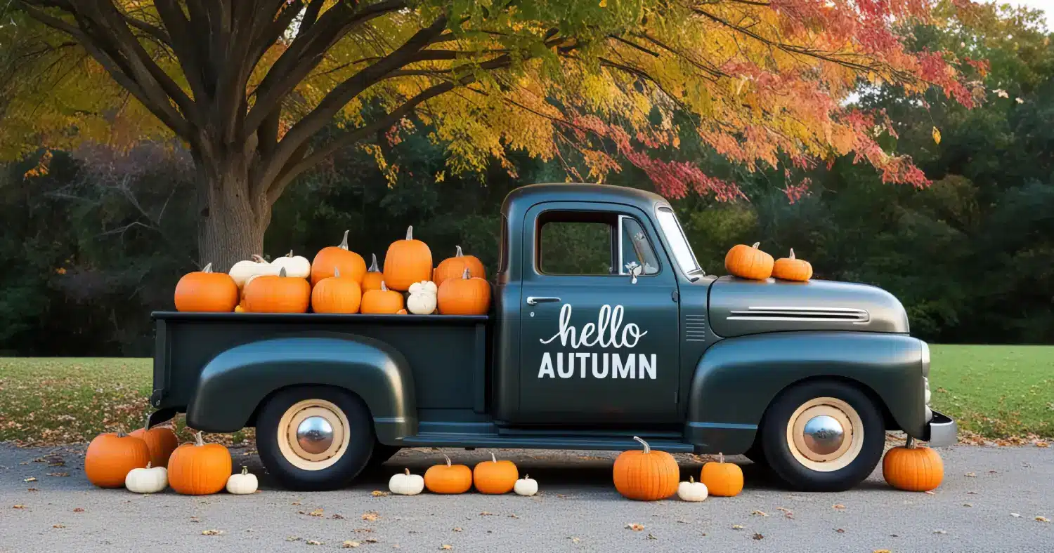 Olive‑brown truck with a white ‘hello autumn’ decal, illustrating Seasonal Truck Decals.