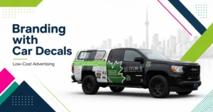 Branded pickup truck with custom car decals, showcasing low-cost vehicle advertising for small businesses in Toronto.