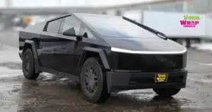 Front view of Tesla Cybertruck with gloss black vinyl wrap installed in Etobicoke Toronto