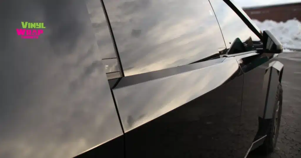 Tesla Cybertruck Wrap Toronto: Gloss Black Done Right for Diamond Property Services 3 Close-up of gloss black vinyl wrap edge finish on Tesla Cybertruck by Vinyl Wrap Toronto
