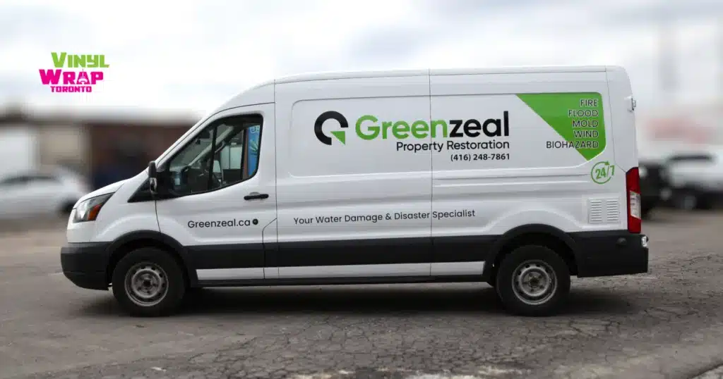 2016 Ford Transit 250 with professional van lettering and decals for Greenzeal Property Restoration, installed by Vinyl Wrap Toronto in Etobicoke — featuring logo, services list, phone number, and 24/7 badge using 3M IJ180mc-10 vinyl